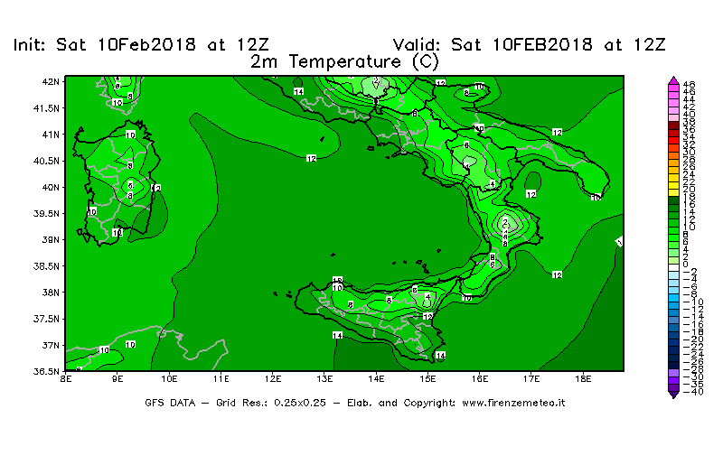 Mappa di analisi GFS - Temperatura a 2 metri dal suolo [°C] in Sud-Italia
							del 10/02/2018 12 <!--googleoff: index-->UTC<!--googleon: index-->