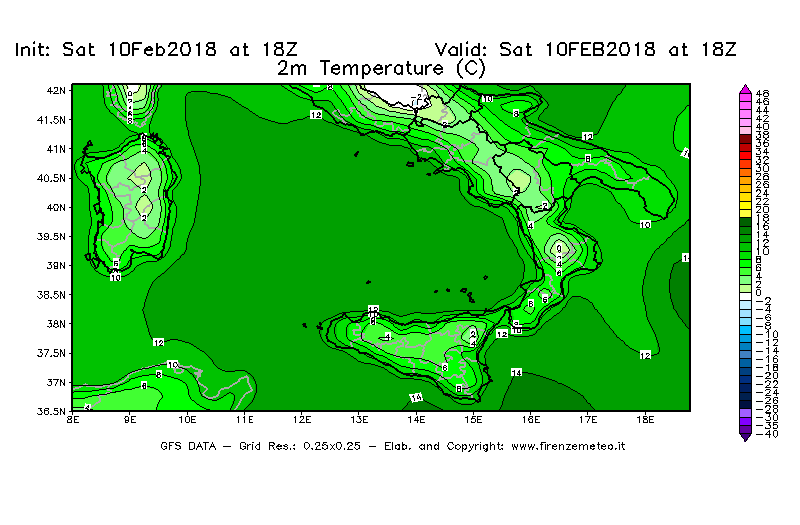 Mappa di analisi GFS - Temperatura a 2 metri dal suolo [°C] in Sud-Italia
							del 10/02/2018 18 <!--googleoff: index-->UTC<!--googleon: index-->