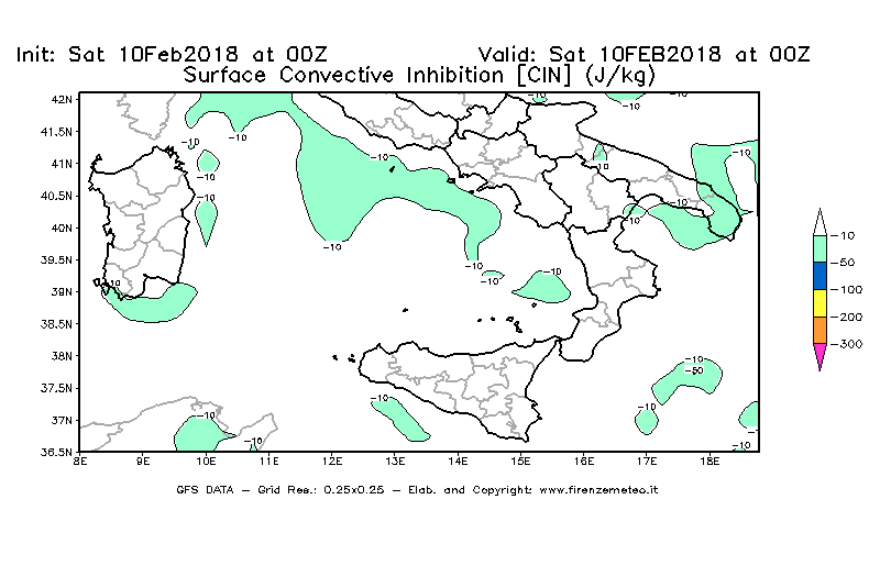 Mappa di analisi GFS - CIN [J/kg] in Sud-Italia
							del 10/02/2018 00 <!--googleoff: index-->UTC<!--googleon: index-->