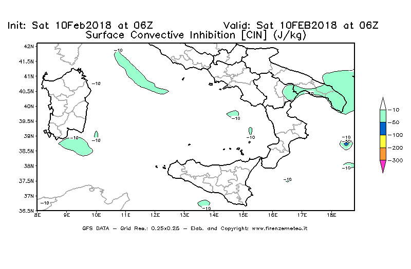 Mappa di analisi GFS - CIN [J/kg] in Sud-Italia
							del 10/02/2018 06 <!--googleoff: index-->UTC<!--googleon: index-->