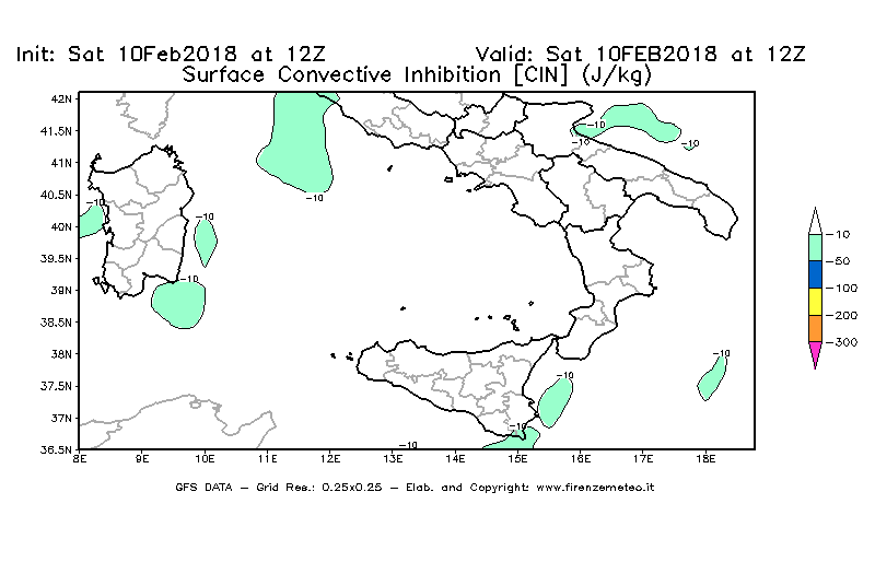 Mappa di analisi GFS - CIN [J/kg] in Sud-Italia
							del 10/02/2018 12 <!--googleoff: index-->UTC<!--googleon: index-->