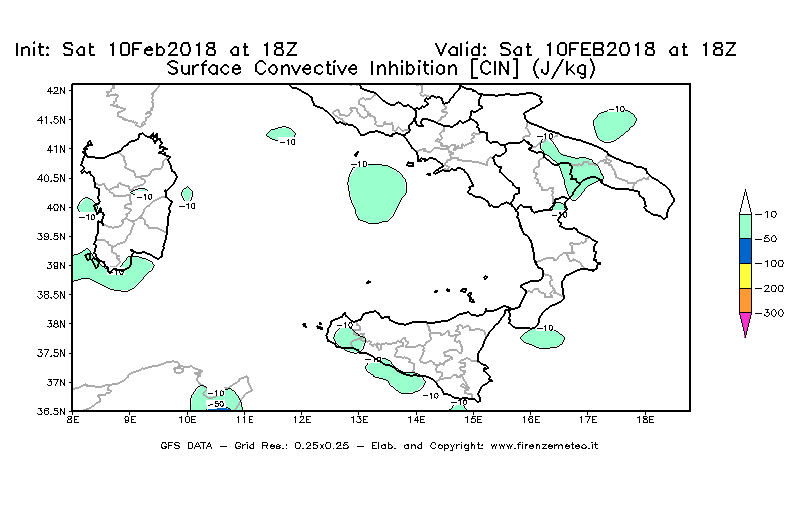 Mappa di analisi GFS - CIN [J/kg] in Sud-Italia
							del 10/02/2018 18 <!--googleoff: index-->UTC<!--googleon: index-->