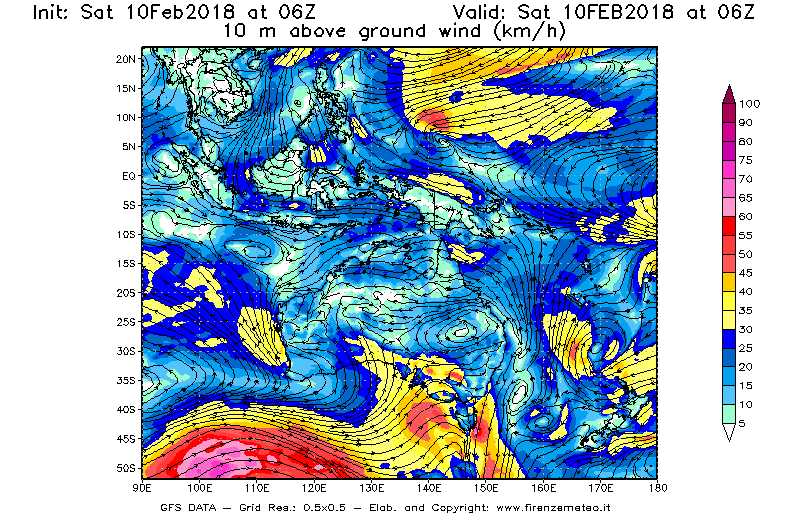Mappa di analisi GFS - Velocità del vento a 10 metri dal suolo [km/h] in Oceania
							del 10/02/2018 06 <!--googleoff: index-->UTC<!--googleon: index-->