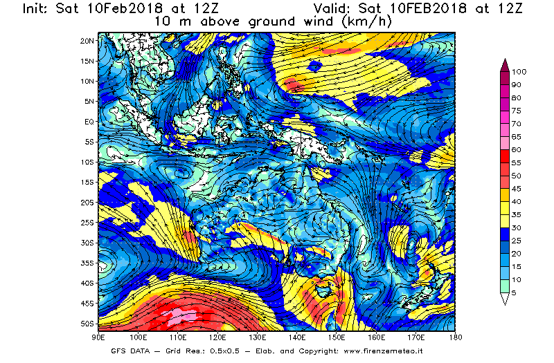 Mappa di analisi GFS - Velocità del vento a 10 metri dal suolo [km/h] in Oceania
							del 10/02/2018 12 <!--googleoff: index-->UTC<!--googleon: index-->