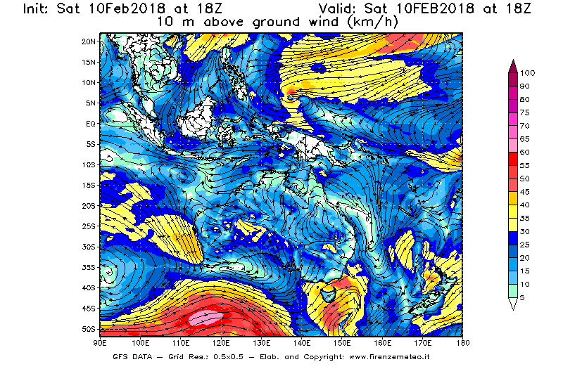 Mappa di analisi GFS - Velocità del vento a 10 metri dal suolo [km/h] in Oceania
							del 10/02/2018 18 <!--googleoff: index-->UTC<!--googleon: index-->