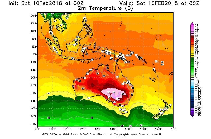 Mappa di analisi GFS - Temperatura a 2 metri dal suolo [°C] in Oceania
							del 10/02/2018 00 <!--googleoff: index-->UTC<!--googleon: index-->