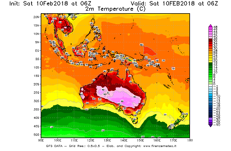 Mappa di analisi GFS - Temperatura a 2 metri dal suolo [°C] in Oceania
							del 10/02/2018 06 <!--googleoff: index-->UTC<!--googleon: index-->