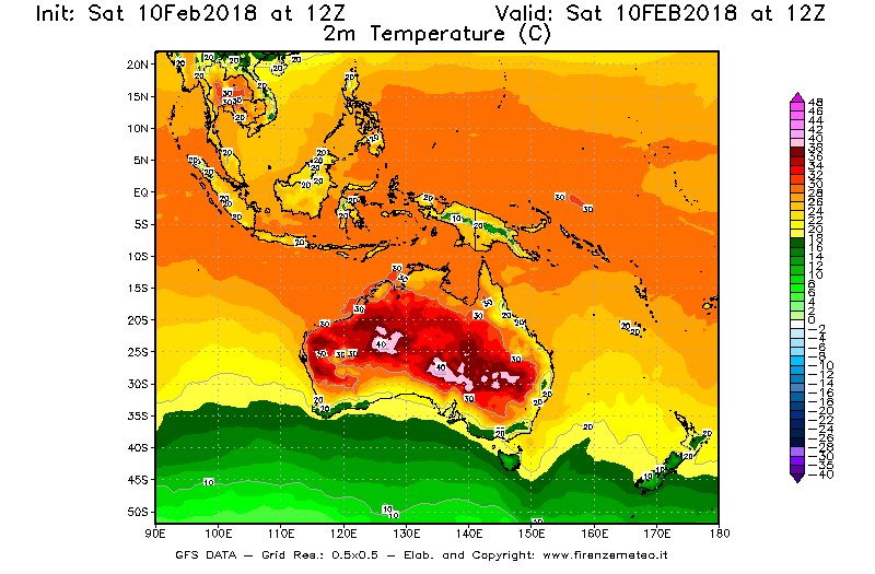 Mappa di analisi GFS - Temperatura a 2 metri dal suolo [°C] in Oceania
							del 10/02/2018 12 <!--googleoff: index-->UTC<!--googleon: index-->
