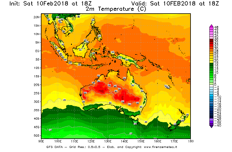 Mappa di analisi GFS - Temperatura a 2 metri dal suolo [°C] in Oceania
							del 10/02/2018 18 <!--googleoff: index-->UTC<!--googleon: index-->
