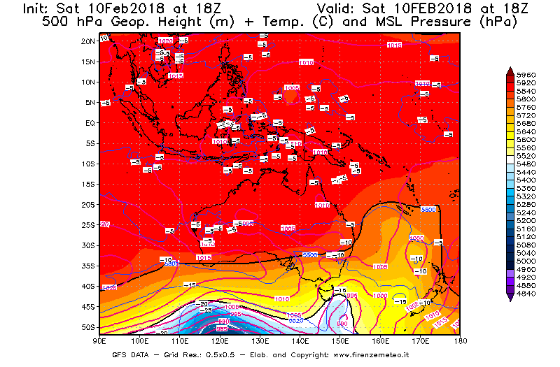 Mappa di analisi GFS - Geopotenziale [m] + Temp. [°C] a 500 hPa + Press. a livello del mare [hPa] in Oceania
							del 10/02/2018 18 <!--googleoff: index-->UTC<!--googleon: index-->