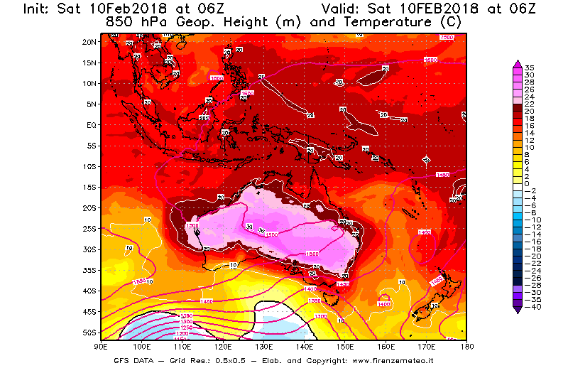 Mappa di analisi GFS - Geopotenziale [m] e Temperatura [°C] a 850 hPa in Oceania
							del 10/02/2018 06 <!--googleoff: index-->UTC<!--googleon: index-->