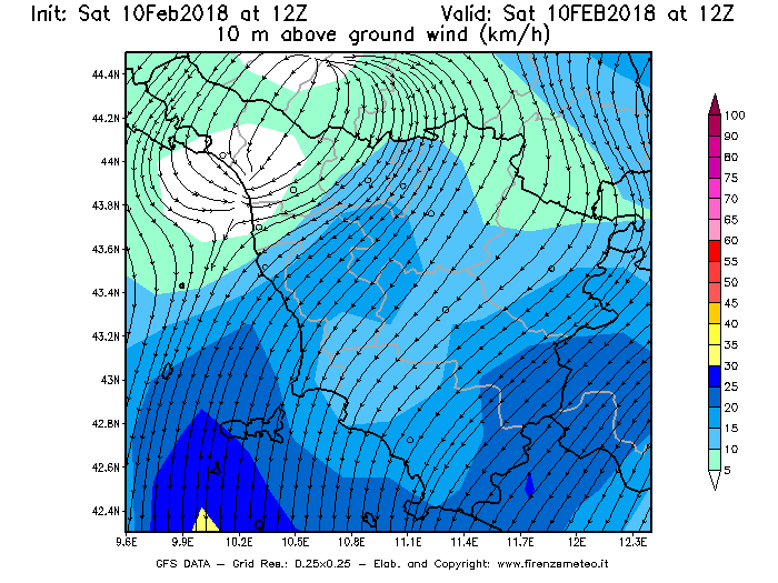 Mappa di analisi GFS - Velocità del vento a 10 metri dal suolo [km/h] in Toscana
							del 10/02/2018 12 <!--googleoff: index-->UTC<!--googleon: index-->