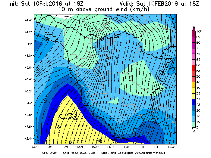 Mappa di analisi GFS - Velocità del vento a 10 metri dal suolo [km/h] in Toscana
							del 10/02/2018 18 <!--googleoff: index-->UTC<!--googleon: index-->