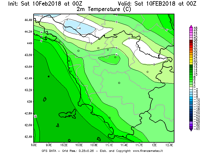 Mappa di analisi GFS - Temperatura a 2 metri dal suolo [°C] in Toscana
							del 10/02/2018 00 <!--googleoff: index-->UTC<!--googleon: index-->