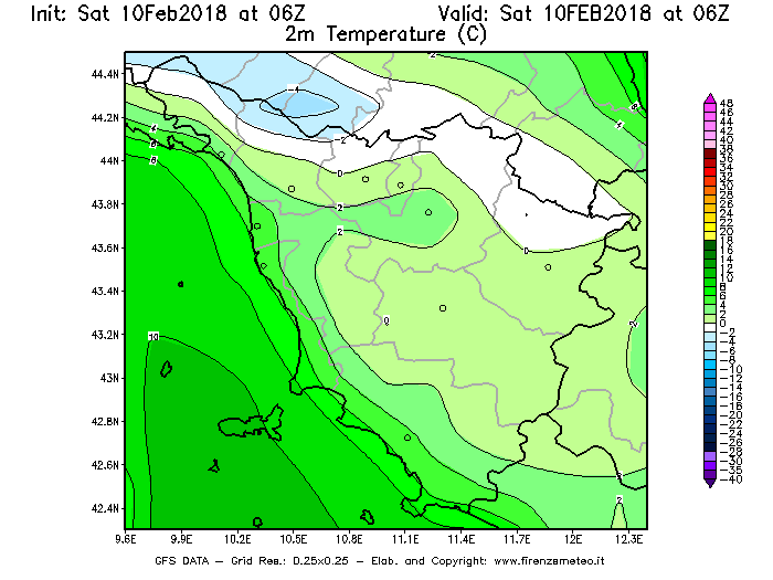 Mappa di analisi GFS - Temperatura a 2 metri dal suolo [°C] in Toscana
							del 10/02/2018 06 <!--googleoff: index-->UTC<!--googleon: index-->