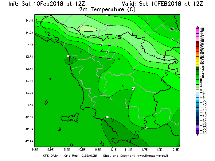 Mappa di analisi GFS - Temperatura a 2 metri dal suolo [°C] in Toscana
							del 10/02/2018 12 <!--googleoff: index-->UTC<!--googleon: index-->