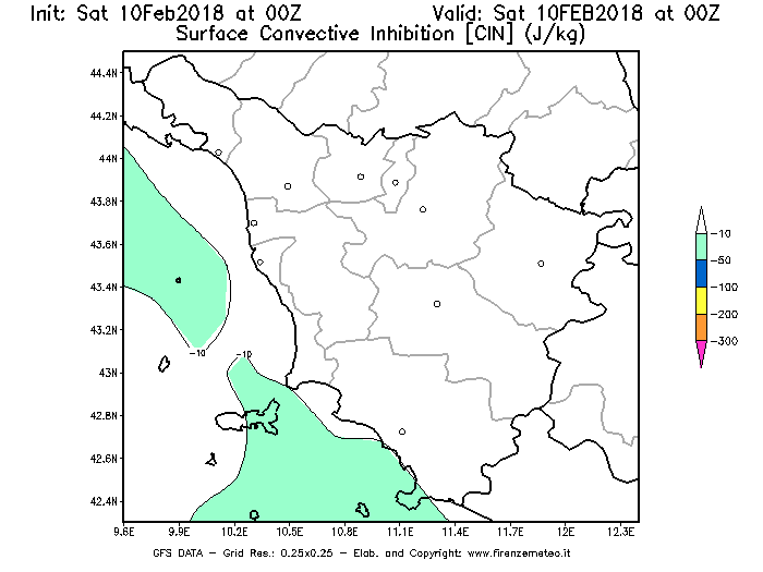 Mappa di analisi GFS - CIN [J/kg] in Toscana
							del 10/02/2018 00 <!--googleoff: index-->UTC<!--googleon: index-->