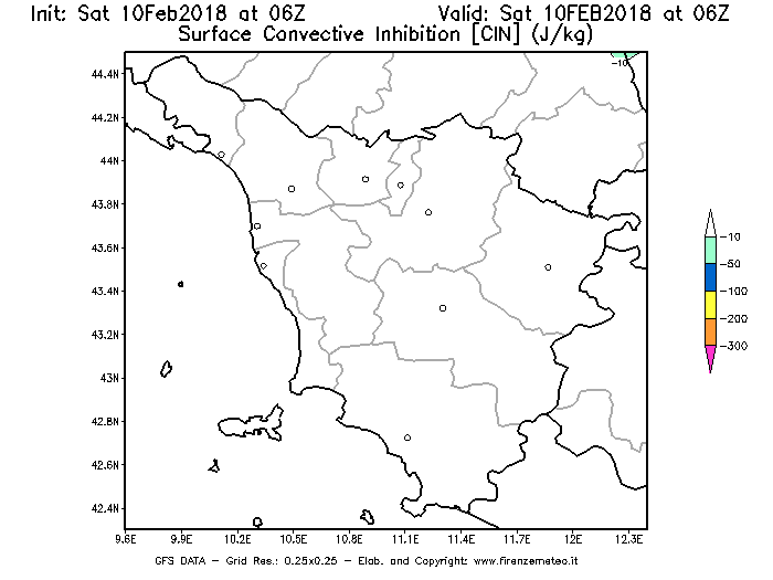 Mappa di analisi GFS - CIN [J/kg] in Toscana
							del 10/02/2018 06 <!--googleoff: index-->UTC<!--googleon: index-->