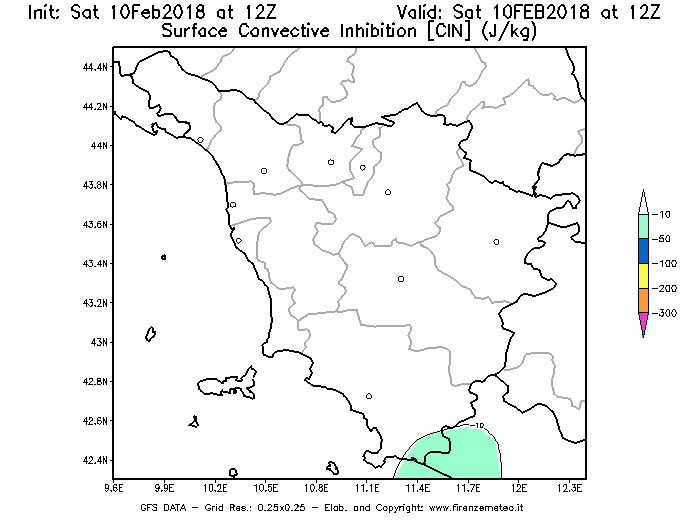 Mappa di analisi GFS - CIN [J/kg] in Toscana
							del 10/02/2018 12 <!--googleoff: index-->UTC<!--googleon: index-->