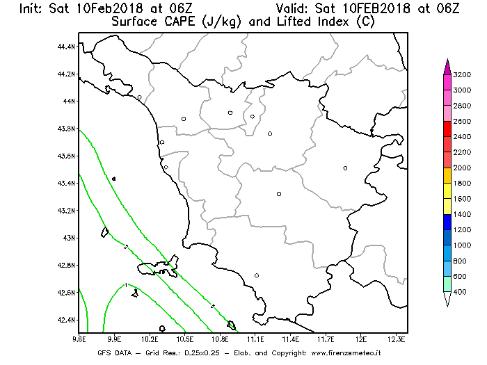 Mappa di analisi GFS - CAPE [J/kg] e Lifted Index [°C] in Toscana
							del 10/02/2018 06 <!--googleoff: index-->UTC<!--googleon: index-->