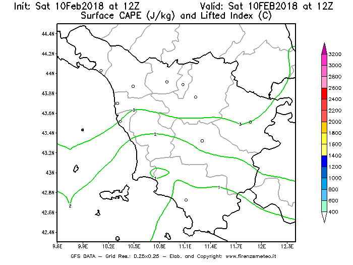 Mappa di analisi GFS - CAPE [J/kg] e Lifted Index [°C] in Toscana
							del 10/02/2018 12 <!--googleoff: index-->UTC<!--googleon: index-->