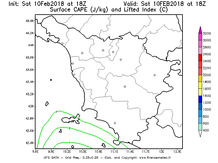 Mappa di analisi GFS - CAPE [J/kg] e Lifted Index [°C] in Toscana
							del 10/02/2018 18 <!--googleoff: index-->UTC<!--googleon: index-->