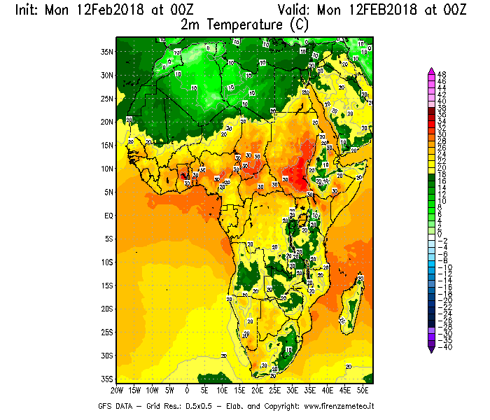 Mappa di analisi GFS - Temperatura a 2 metri dal suolo [°C] in Africa
							del 12/02/2018 00 <!--googleoff: index-->UTC<!--googleon: index-->