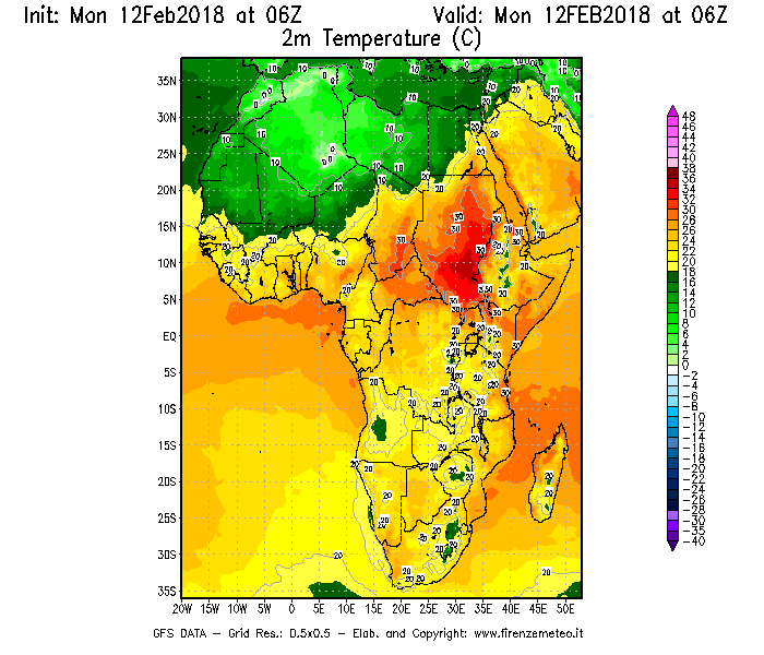 Mappa di analisi GFS - Temperatura a 2 metri dal suolo [°C] in Africa
									del 12/02/2018 06 <!--googleoff: index-->UTC<!--googleon: index-->