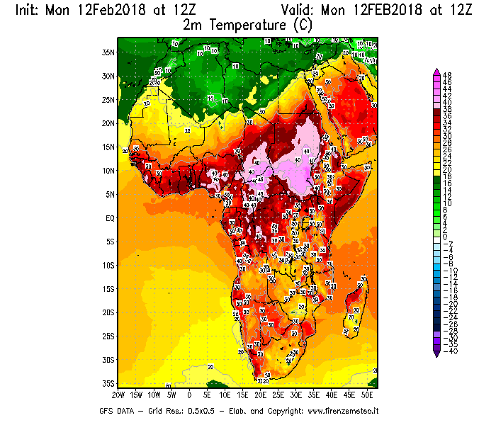 Mappa di analisi GFS - Temperatura a 2 metri dal suolo [°C] in Africa
							del 12/02/2018 12 <!--googleoff: index-->UTC<!--googleon: index-->