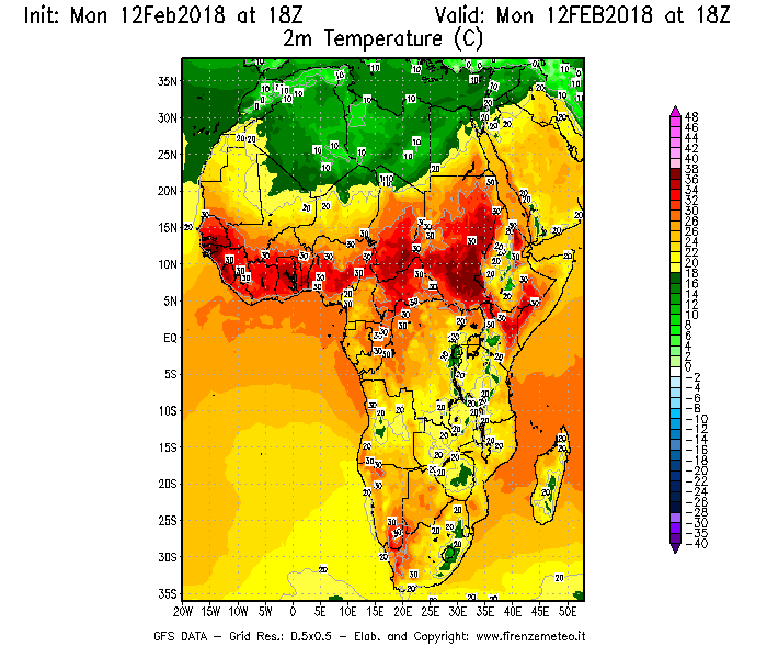 Mappa di analisi GFS - Temperatura a 2 metri dal suolo [°C] in Africa
									del 12/02/2018 18 <!--googleoff: index-->UTC<!--googleon: index-->