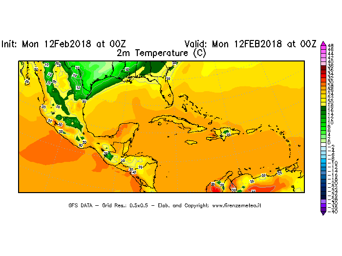 Mappa di analisi GFS - Temperatura a 2 metri dal suolo [°C] in Centro-America
									del 12/02/2018 00 <!--googleoff: index-->UTC<!--googleon: index-->