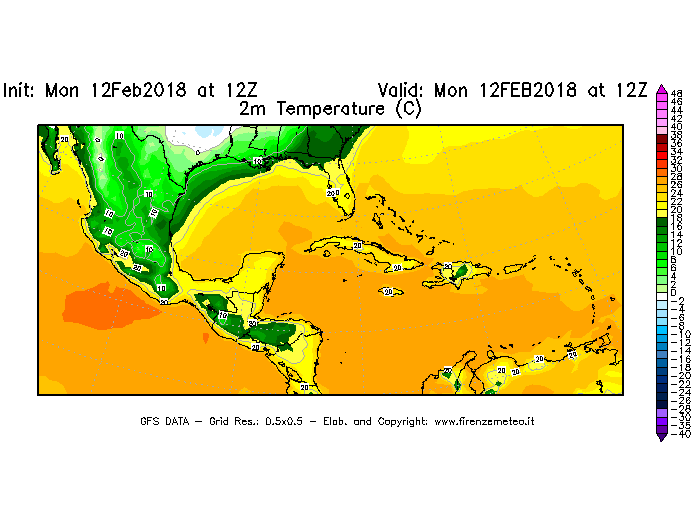 Mappa di analisi GFS - Temperatura a 2 metri dal suolo [°C] in Centro-America
							del 12/02/2018 12 <!--googleoff: index-->UTC<!--googleon: index-->