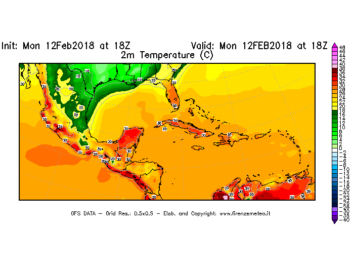 Mappa di analisi GFS - Temperatura a 2 metri dal suolo [°C] in Centro-America
							del 12/02/2018 18 <!--googleoff: index-->UTC<!--googleon: index-->
