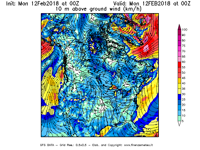 Mappa di analisi GFS - Velocità del vento a 10 metri dal suolo [km/h] in Nord-America
							del 12/02/2018 00 <!--googleoff: index-->UTC<!--googleon: index-->