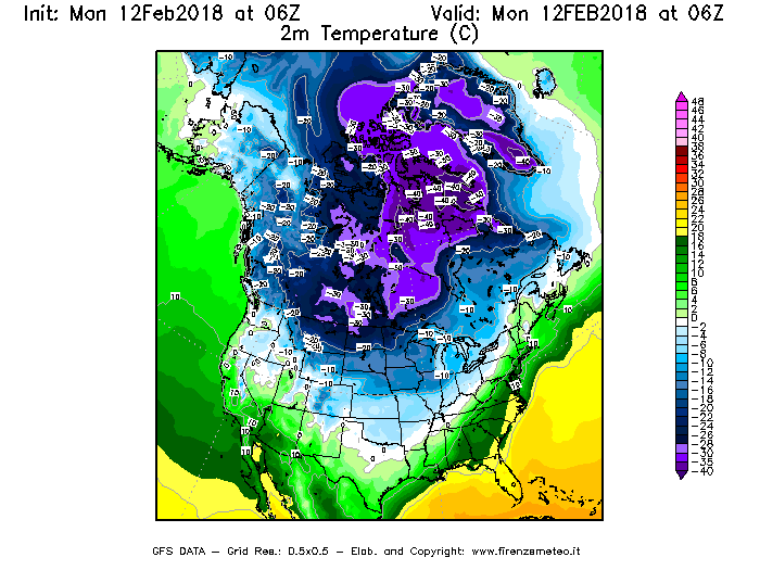 Mappa di analisi GFS - Temperatura a 2 metri dal suolo [°C] in Nord-America
							del 12/02/2018 06 <!--googleoff: index-->UTC<!--googleon: index-->