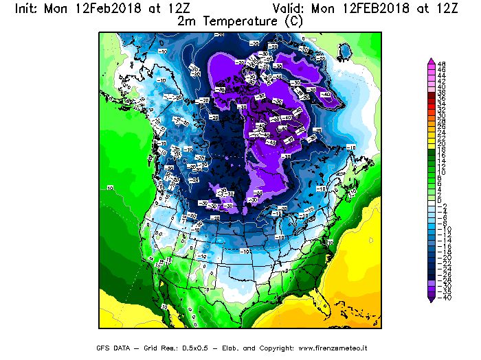 Mappa di analisi GFS - Temperatura a 2 metri dal suolo [°C] in Nord-America
									del 12/02/2018 12 <!--googleoff: index-->UTC<!--googleon: index-->