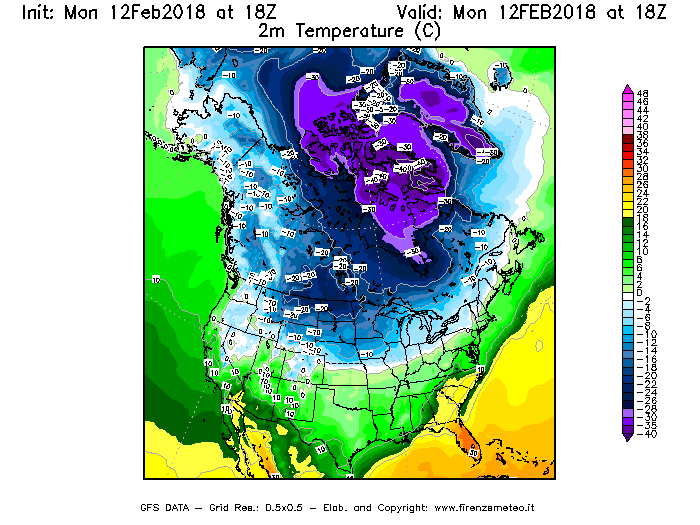 Mappa di analisi GFS - Temperatura a 2 metri dal suolo [°C] in Nord-America
									del 12/02/2018 18 <!--googleoff: index-->UTC<!--googleon: index-->