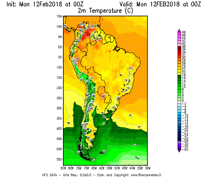 Mappa di analisi GFS - Temperatura a 2 metri dal suolo [°C] in Sud-America
									del 12/02/2018 00 <!--googleoff: index-->UTC<!--googleon: index-->