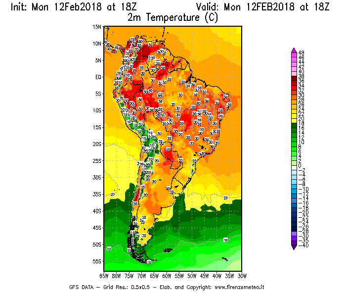 Mappa di analisi GFS - Temperatura a 2 metri dal suolo [°C] in Sud-America
									del 12/02/2018 18 <!--googleoff: index-->UTC<!--googleon: index-->