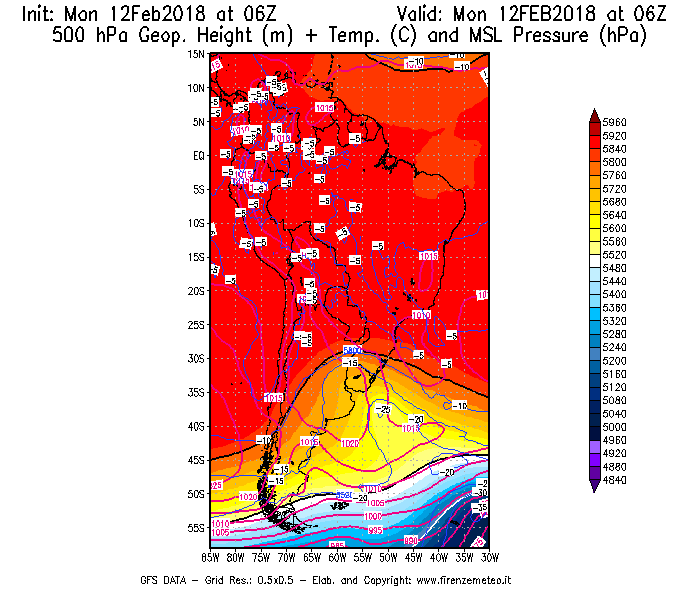 Mappa di analisi GFS - Geopotenziale [m] + Temp. [°C] a 500 hPa + Press. a livello del mare [hPa] in Sud-America
									del 12/02/2018 06 <!--googleoff: index-->UTC<!--googleon: index-->