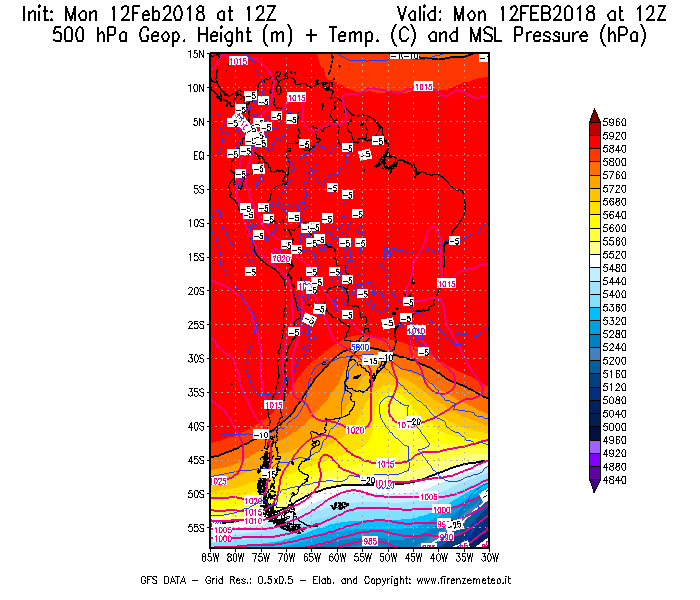 Mappa di analisi GFS - Geopotenziale [m] + Temp. [°C] a 500 hPa + Press. a livello del mare [hPa] in Sud-America
							del 12/02/2018 12 <!--googleoff: index-->UTC<!--googleon: index-->