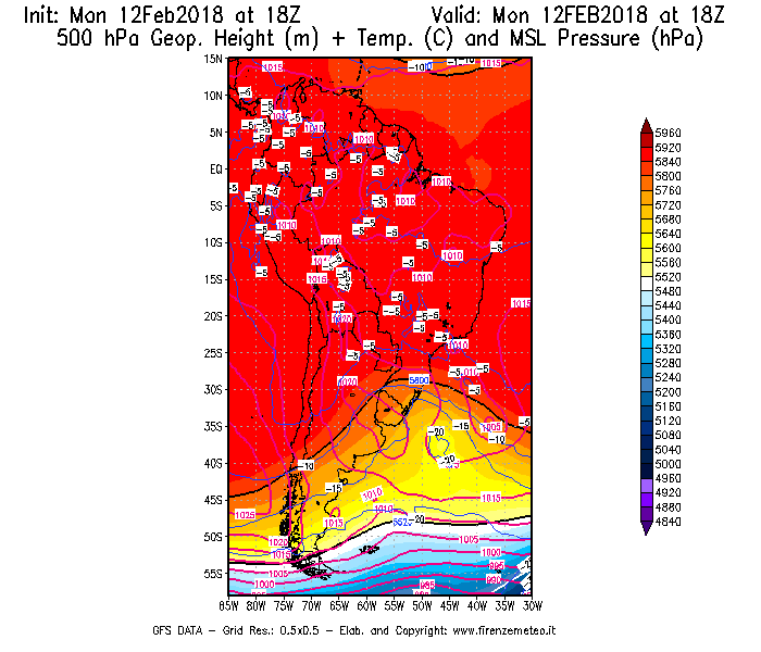 Mappa di analisi GFS - Geopotenziale [m] + Temp. [°C] a 500 hPa + Press. a livello del mare [hPa] in Sud-America
									del 12/02/2018 18 <!--googleoff: index-->UTC<!--googleon: index-->