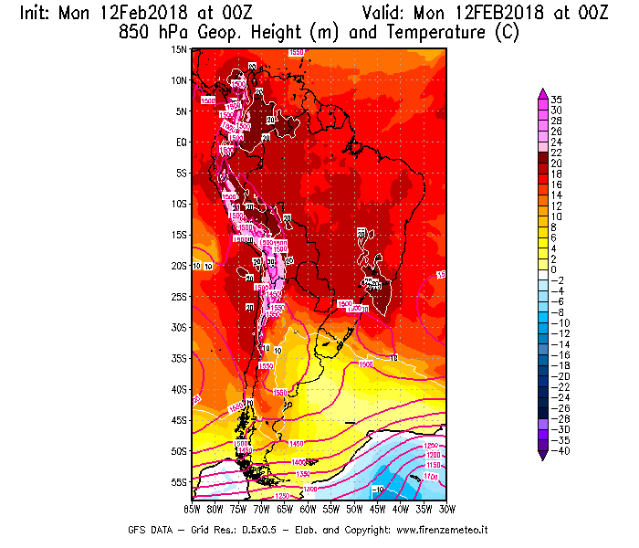 Mappa di analisi GFS - Geopotenziale [m] e Temperatura [°C] a 850 hPa in Sud-America
							del 12/02/2018 00 <!--googleoff: index-->UTC<!--googleon: index-->