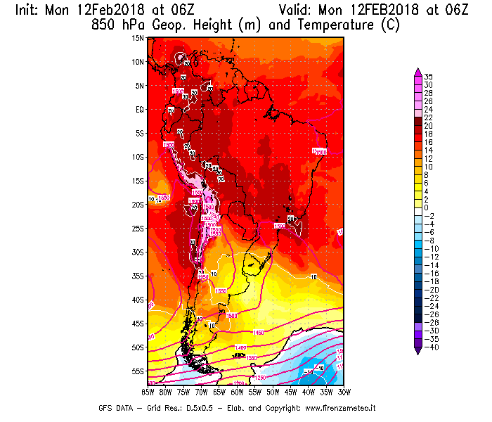 Mappa di analisi GFS - Geopotenziale [m] e Temperatura [°C] a 850 hPa in Sud-America
									del 12/02/2018 06 <!--googleoff: index-->UTC<!--googleon: index-->