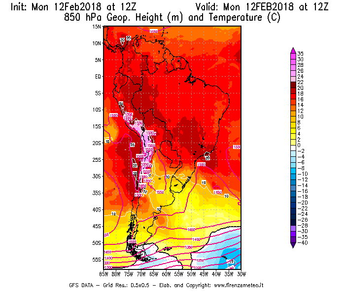 Mappa di analisi GFS - Geopotenziale [m] e Temperatura [°C] a 850 hPa in Sud-America
							del 12/02/2018 12 <!--googleoff: index-->UTC<!--googleon: index-->