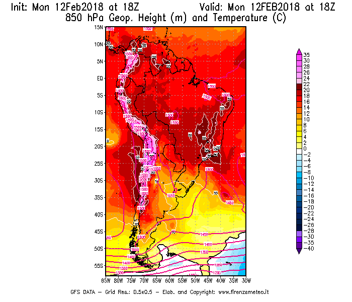 Mappa di analisi GFS - Geopotenziale [m] e Temperatura [°C] a 850 hPa in Sud-America
							del 12/02/2018 18 <!--googleoff: index-->UTC<!--googleon: index-->