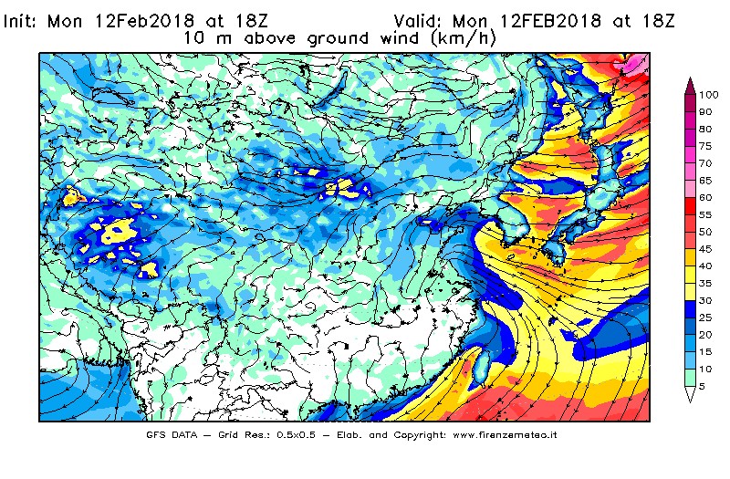 Mappa di analisi GFS - Velocità del vento a 10 metri dal suolo [km/h] in Asia Orientale
							del 12/02/2018 18 <!--googleoff: index-->UTC<!--googleon: index-->