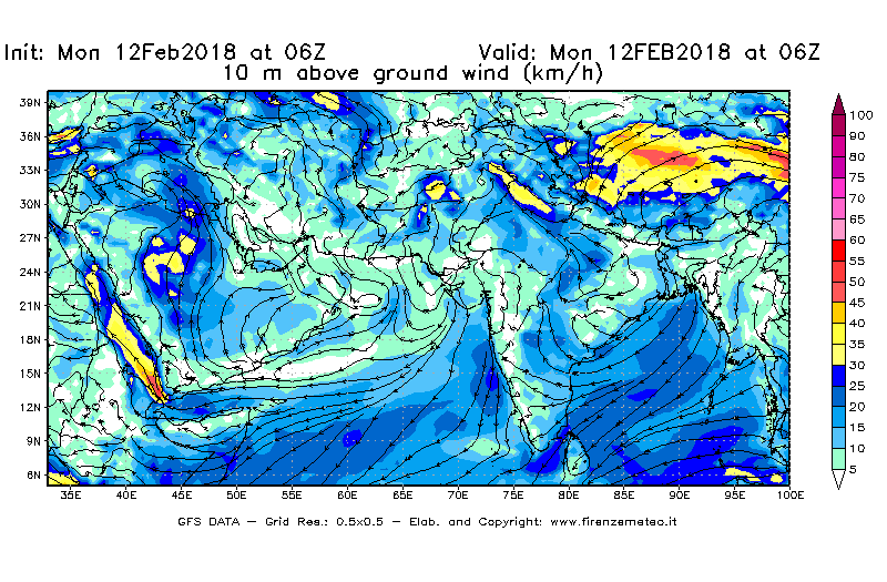 Mappa di analisi GFS - Velocità del vento a 10 metri dal suolo [km/h] in Asia Sud-Occidentale
									del 12/02/2018 06 <!--googleoff: index-->UTC<!--googleon: index-->