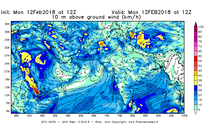 Mappa di analisi GFS - Velocità del vento a 10 metri dal suolo [km/h] in Asia Sud-Occidentale
									del 12/02/2018 12 <!--googleoff: index-->UTC<!--googleon: index-->