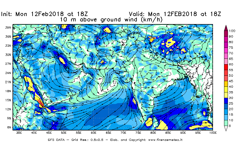 Mappa di analisi GFS - Velocità del vento a 10 metri dal suolo [km/h] in Asia Sud-Occidentale
							del 12/02/2018 18 <!--googleoff: index-->UTC<!--googleon: index-->